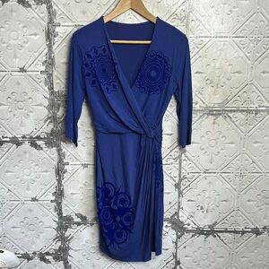Desigual Blue Dress V-neck 3/4 Sleeve